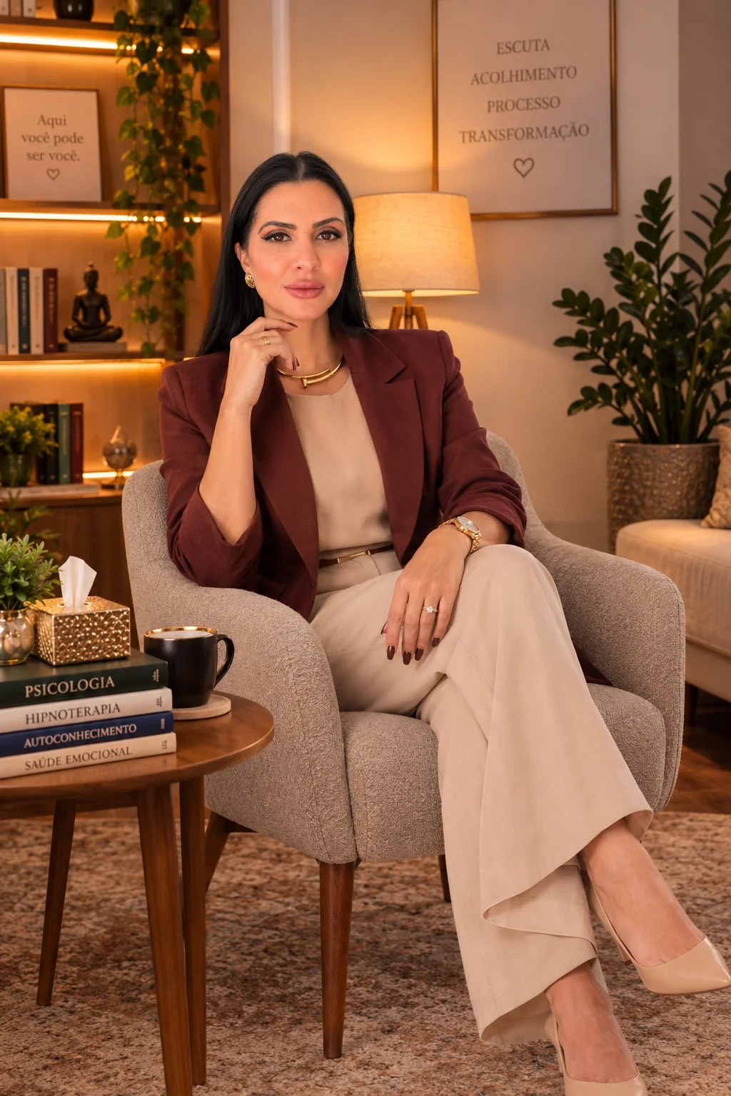 Anne Gonzales em ambiente terapêutico sofisticado